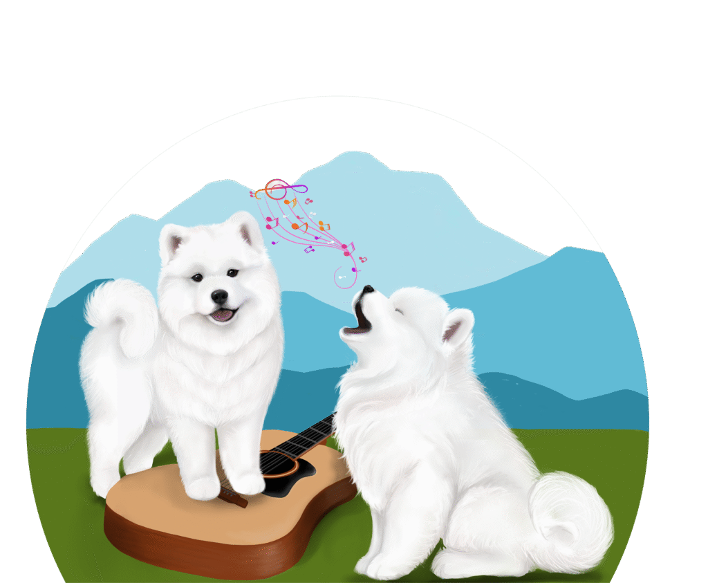 Two Samoyed puppies singing with a mountain scene in the background