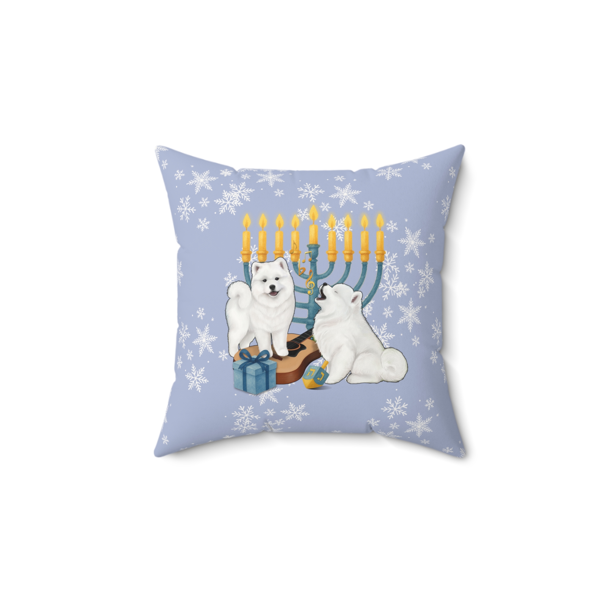 Hanukkah Samoyed Faux Suede Square Pillow- Ice Blue