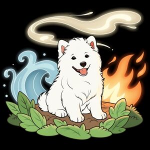 Illustration of cute Samoyed puppy surrounded by the elements