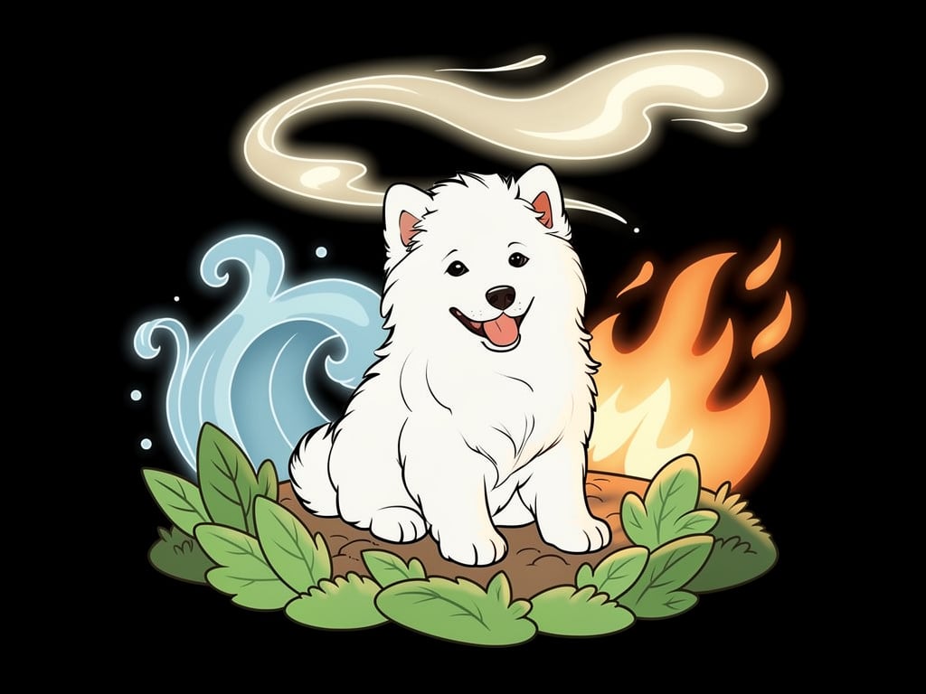 Illustration of cute Samoyed puppy surrounded by the elements